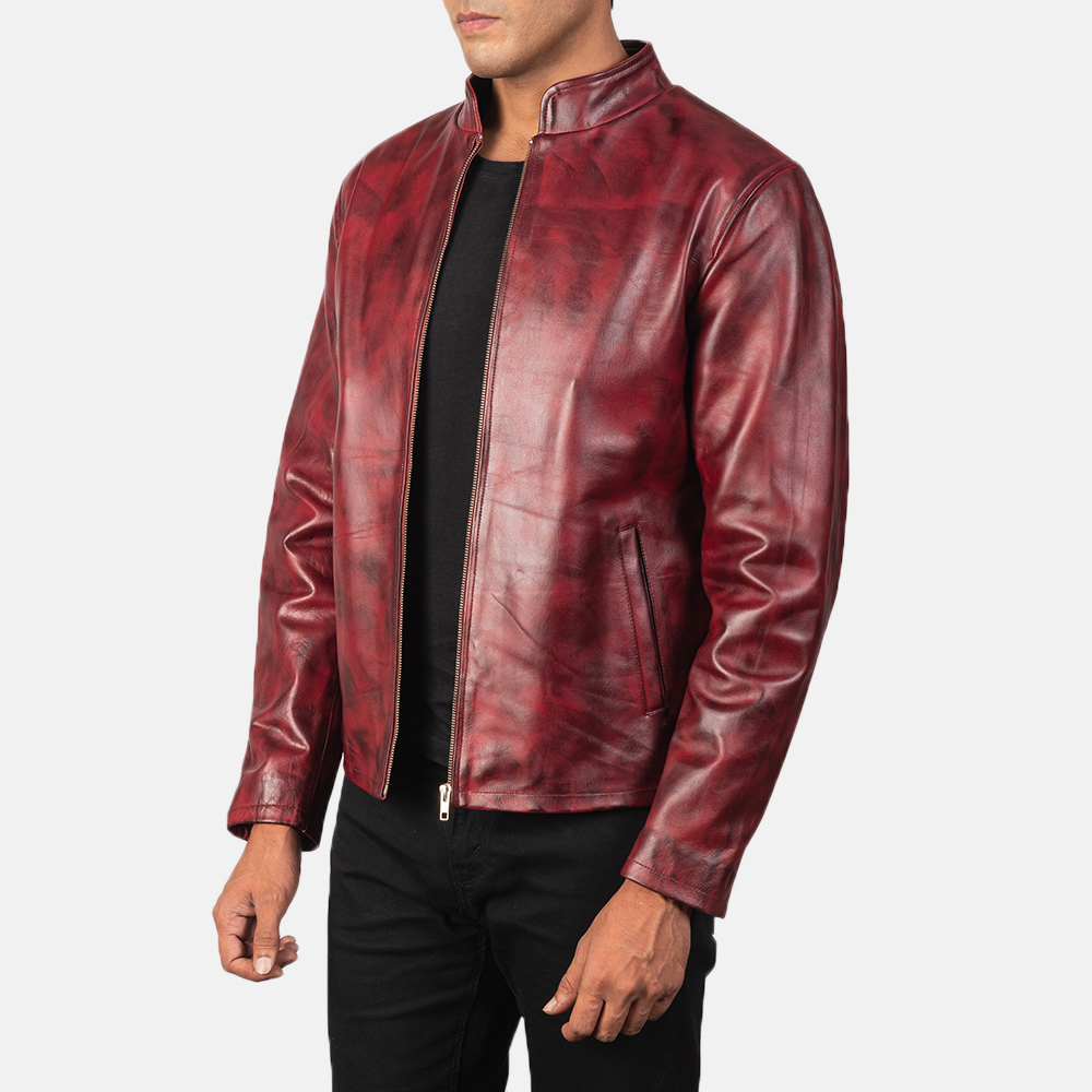 Burgundy faux leather hot sale jacket mens